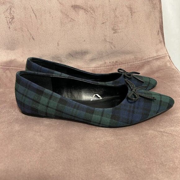 J. Crew Tartan Plaid Ballet Flats Womens 6 Point Toe Bow Navy Blue Green - Picture 2 of 8